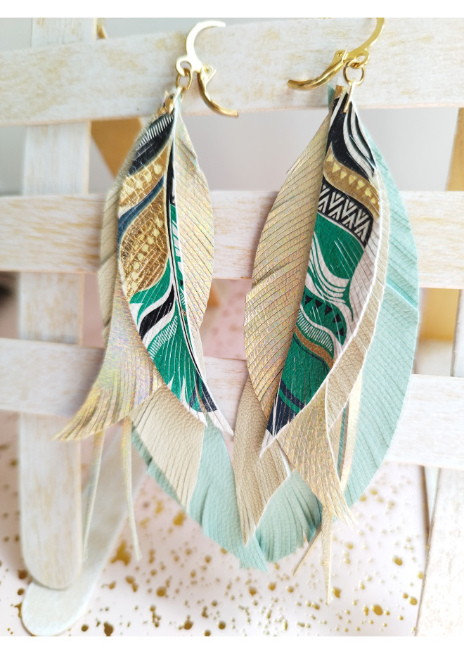 long leather feather earrings genuine leather jewelry mint beige