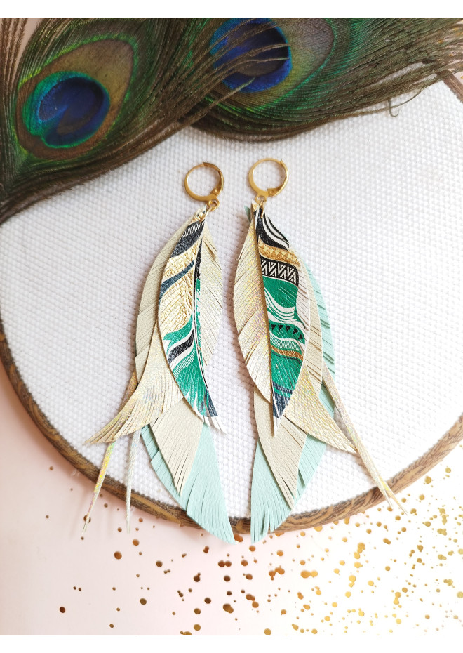 long leather feather earrings genuine leather jewelry mint beige