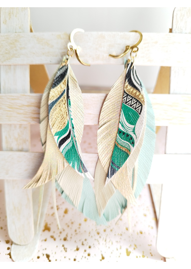 long leather feather earrings genuine leather jewelry mint beige