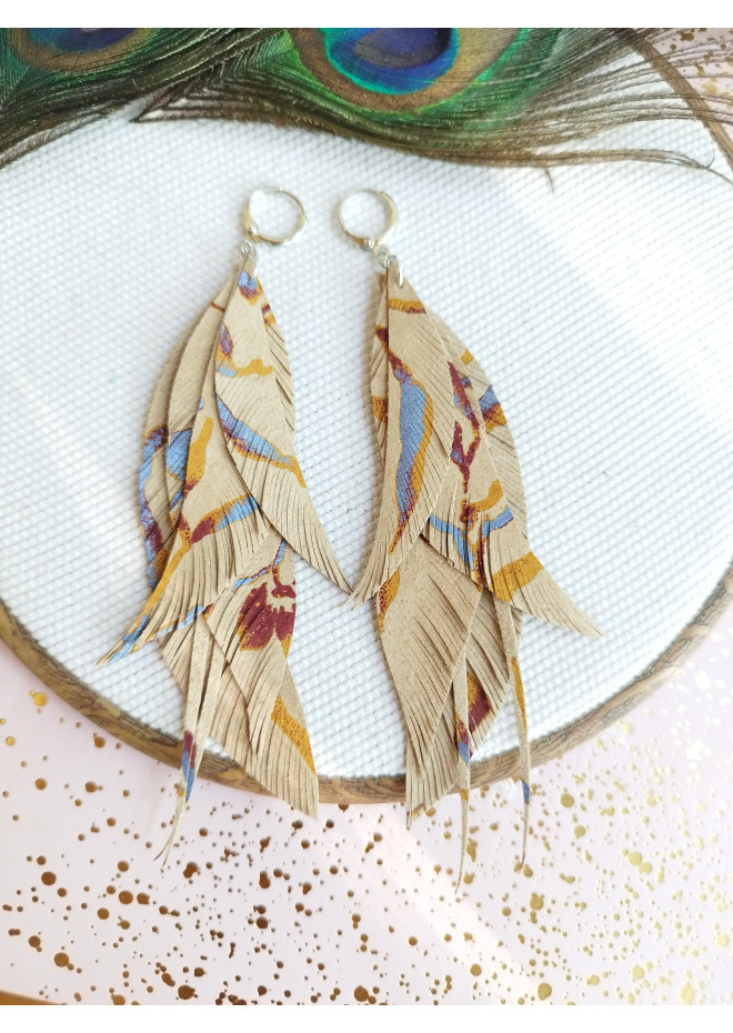long leather feather earrings genuine leather jewelry  beige