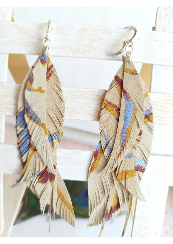 long leather feather earrings genuine leather jewelry  beige