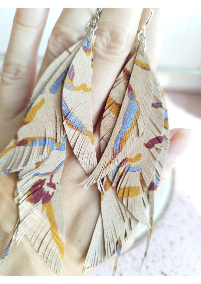 long leather feather earrings genuine leather jewelry  beige