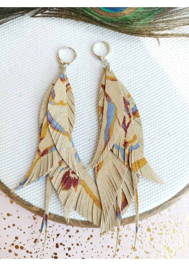 long leather feather earrings genuine leather jewelry  beige