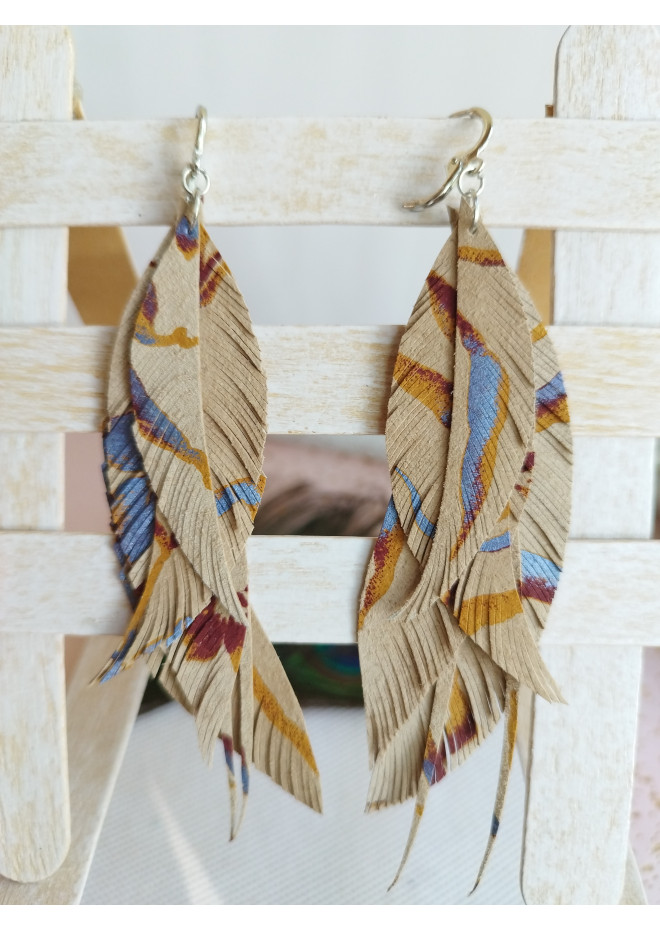 long leather feather earrings genuine leather jewelry  beige