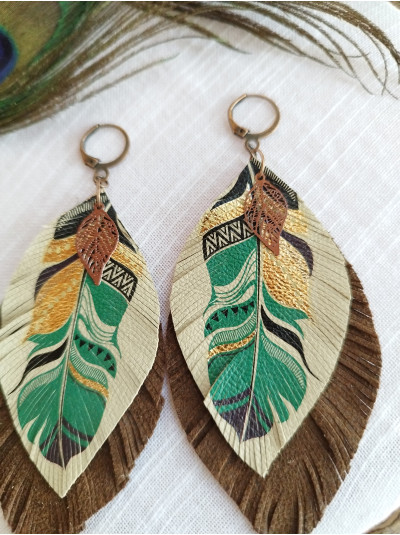 Beige brown leather feather earrings.