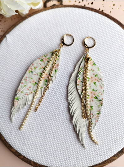 White flower print leather feather earrings,  handmade genuine leather jewelry.