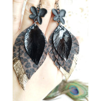 black brown leopard leather feather earrings.