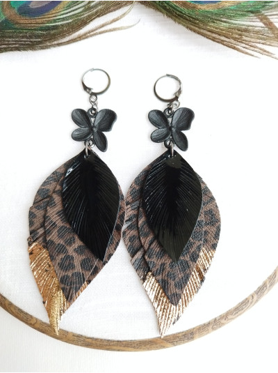 black brown leopard leather feather earrings.
