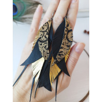 Black gold leather feather earrings.  