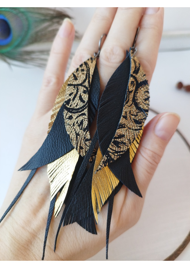 long leather feather earrings genuine leather jewelry black gold print
