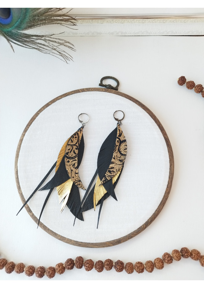 long leather feather earrings genuine leather jewelry black gold print