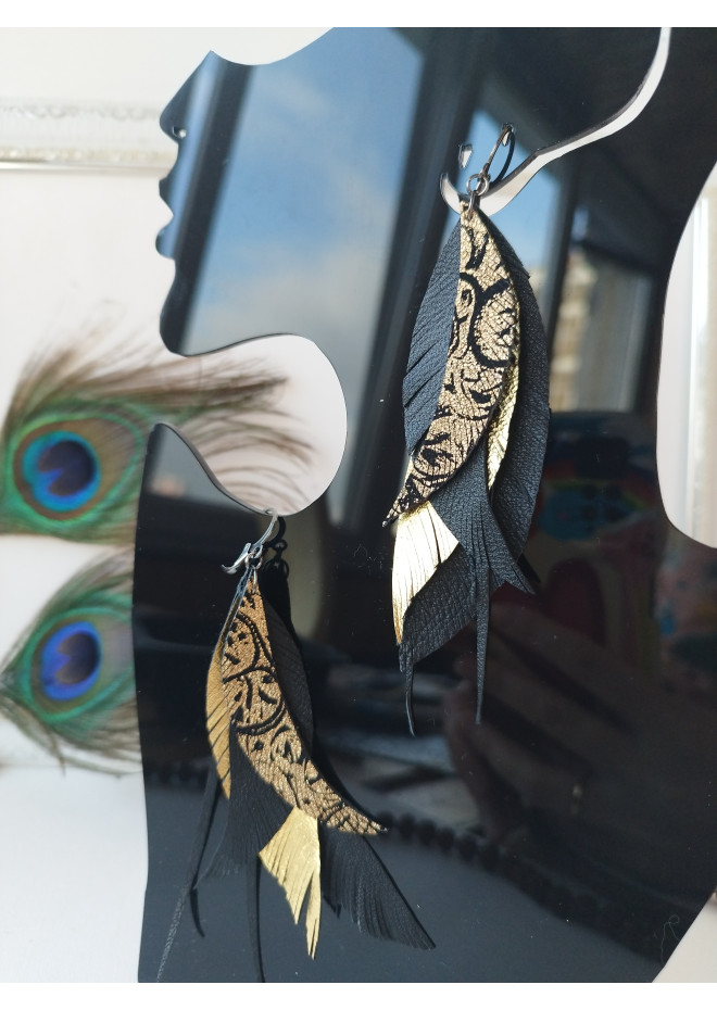 long leather feather earrings genuine leather jewelry black gold print