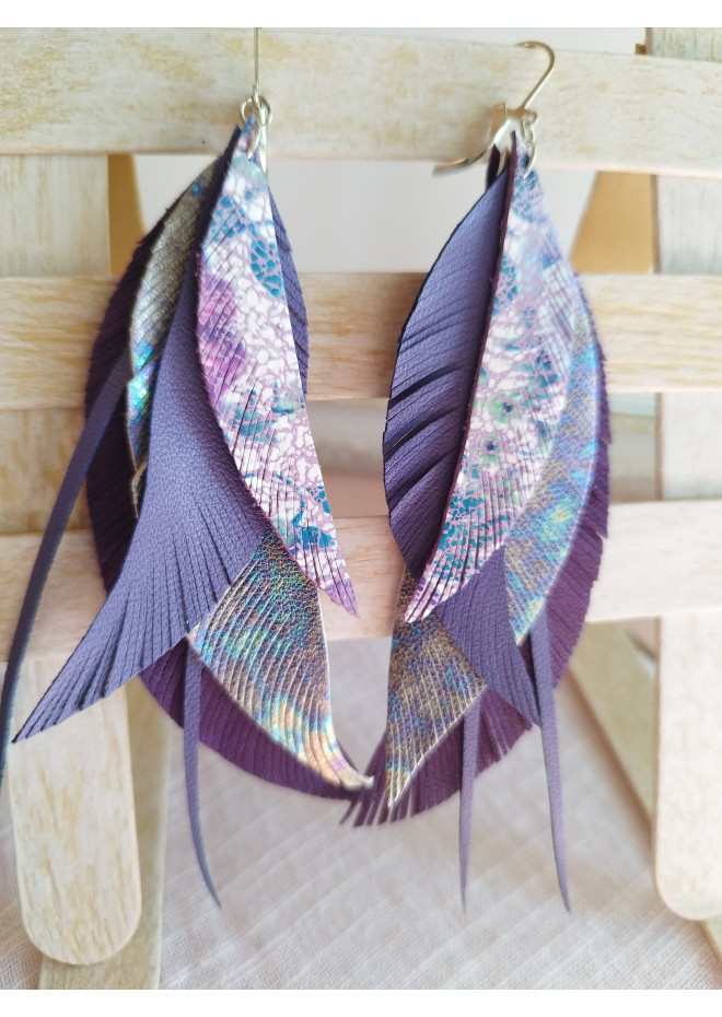 long leather feather earrings genuine leather jewelry lilac violet