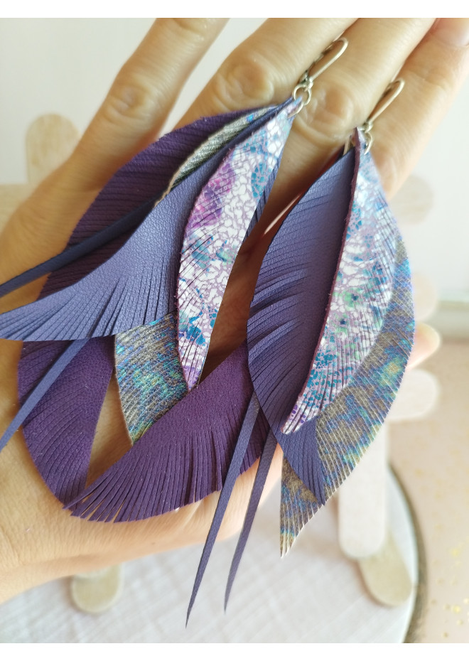 long leather feather earrings genuine leather jewelry lilac violet