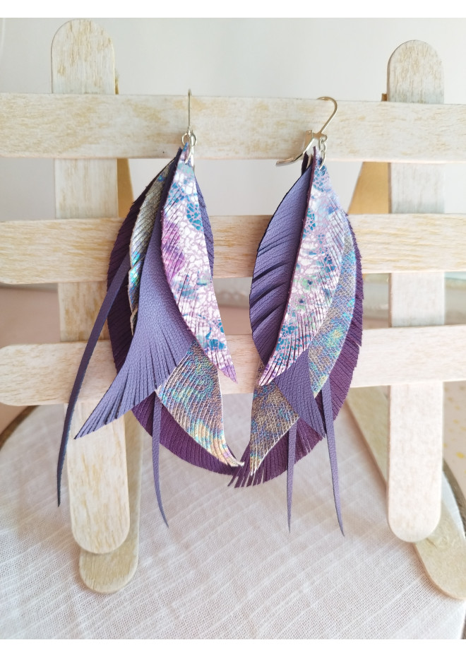 long leather feather earrings genuine leather jewelry lilac violet