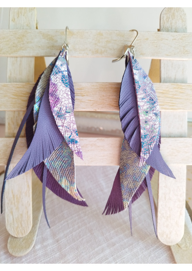 long leather feather earrings genuine leather jewelry lilac violet