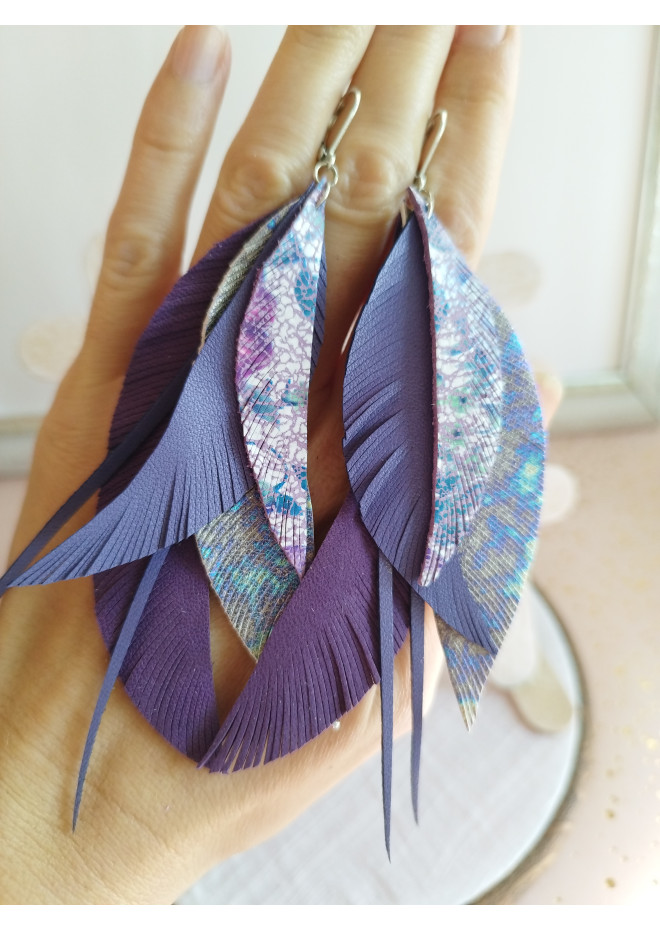 long leather feather earrings genuine leather jewelry lilac violet