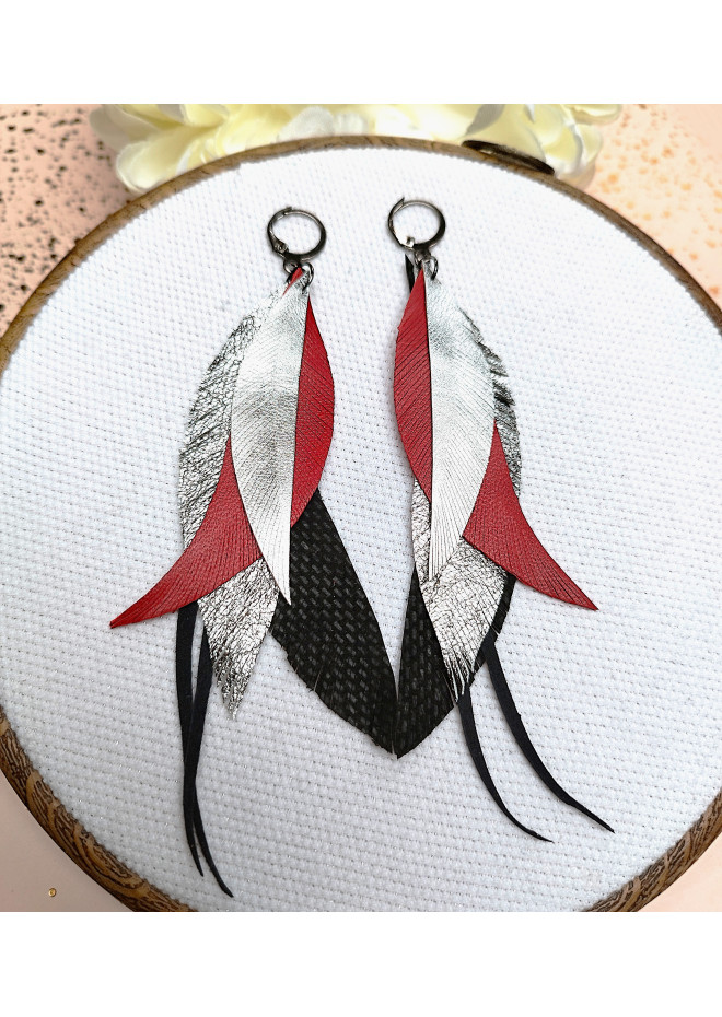 long leather feather earrings genuine leather jewelry red black