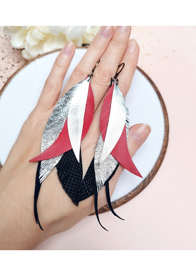 long leather feather earrings genuine leather jewelry red black
