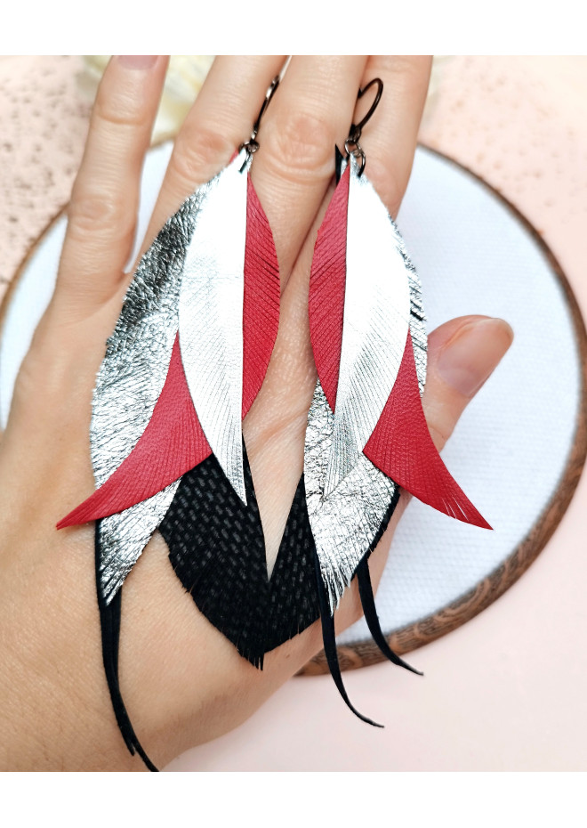 long leather feather earrings genuine leather jewelry red black