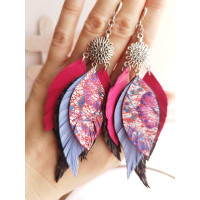 Multi color pink lilac leather feather earrings.