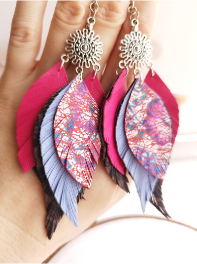 Multi color pink lilac leather feather earrings.