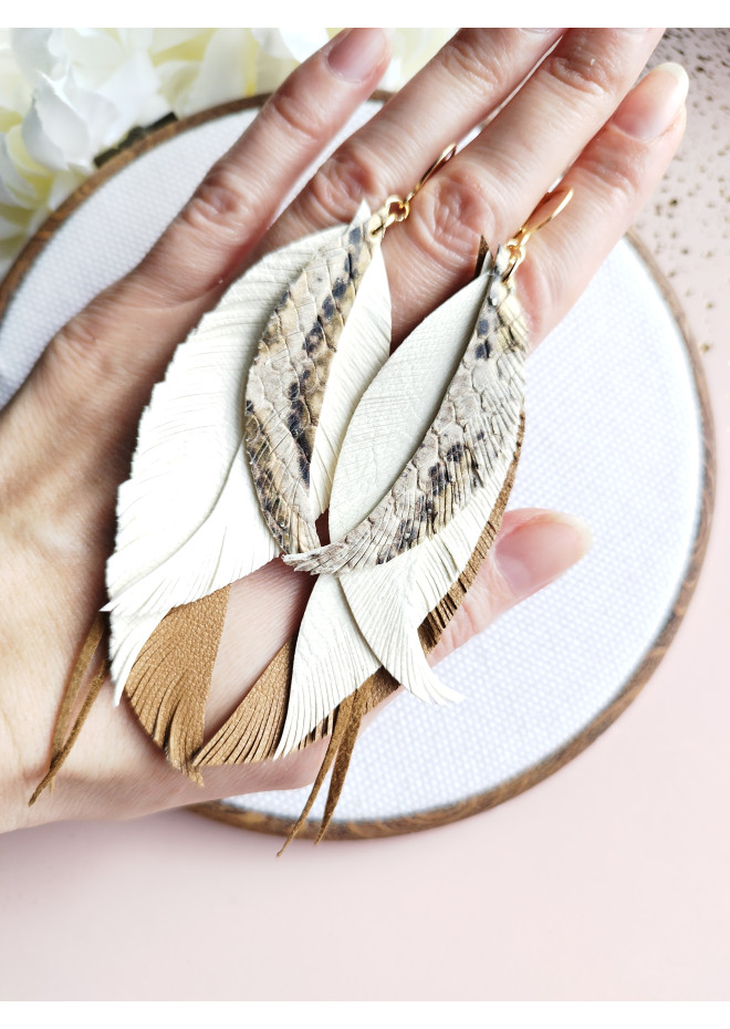 long leather feather earrings genuine leather jewelry sand brown