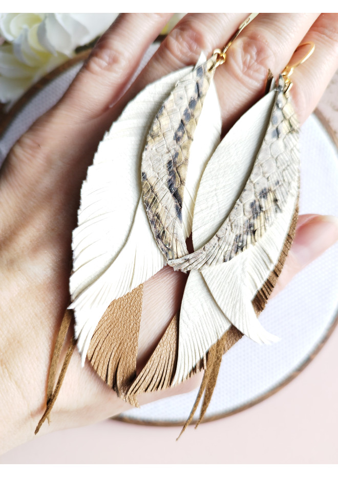 long leather feather earrings genuine leather jewelry sand brown