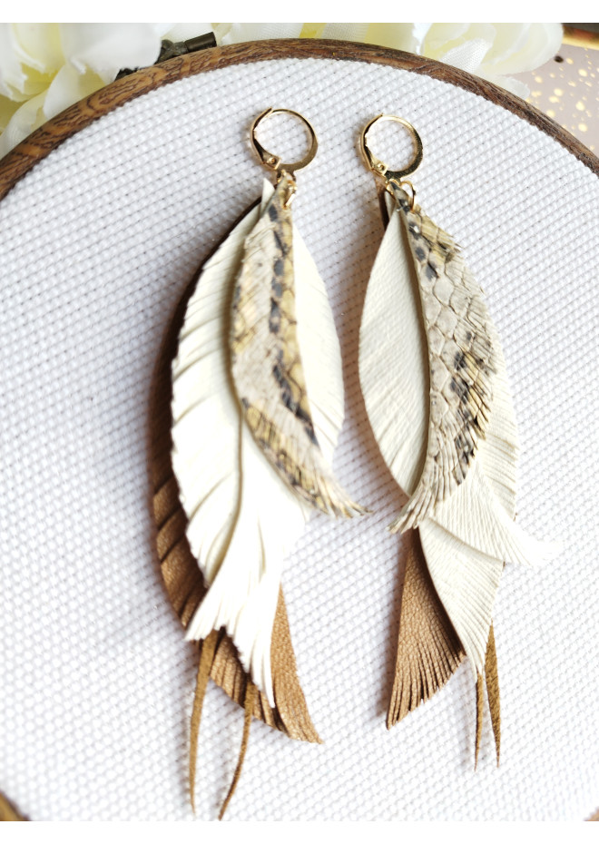 long leather feather earrings genuine leather jewelry sand brown