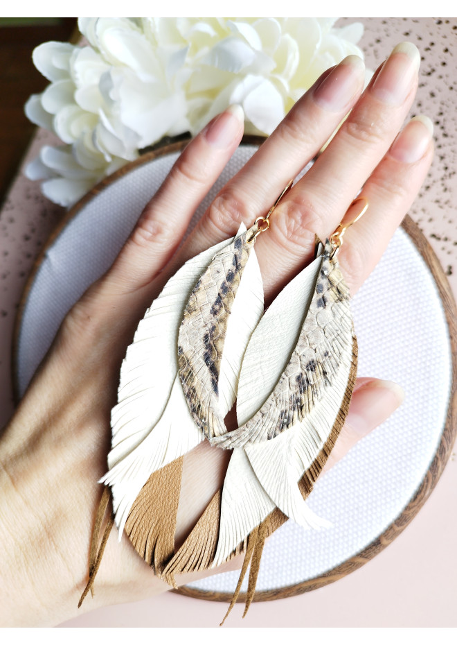 long leather feather earrings genuine leather jewelry sand brown