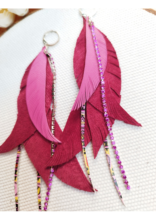 long leather feather earrings genuine leather jewelry fuchsia
