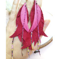 long leather feather earrings genuine leather jewelry fuchsia