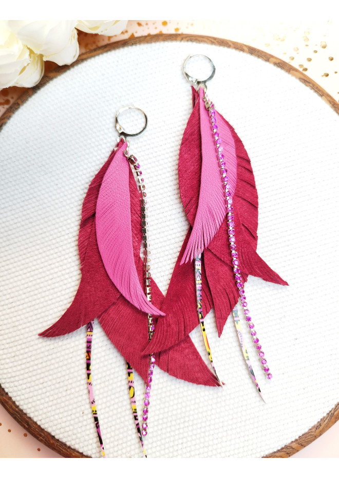 long leather feather earrings genuine leather jewelry fuchsia