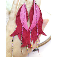 Hot pink leather feather earrings.  