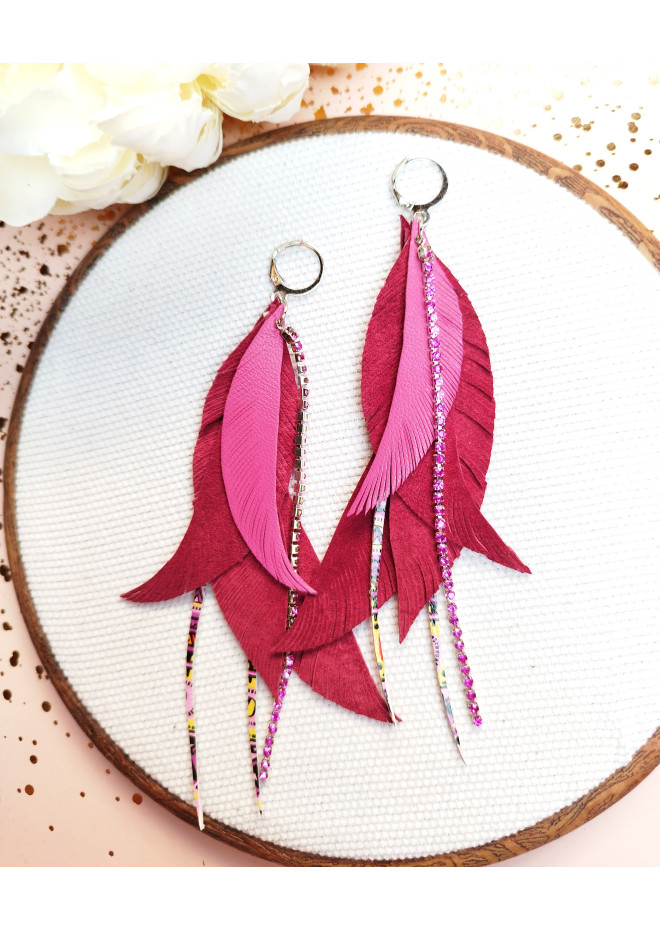 long leather feather earrings genuine leather jewelry fuchsia
