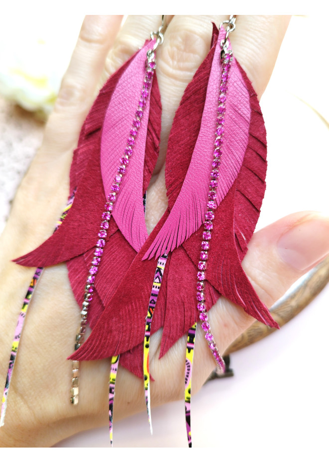 long leather feather earrings genuine leather jewelry fuchsia