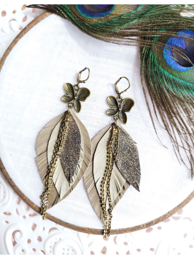 Olive leather feather earrings with chain.
