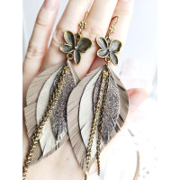 Olive leather feather earrings with chain.