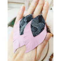 Pink black leather feather earrings.