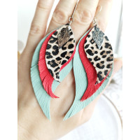 Turquoise red leopard leather wings earrings.