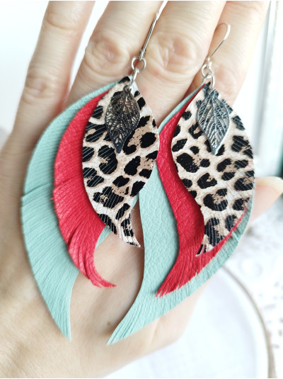 Turquoise red leopard leather wings earrings.