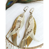 Snake print gold leather feather earrings.  