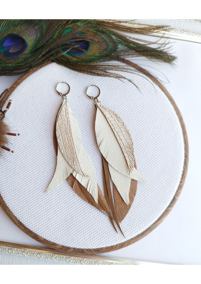 long leather feather earrings genuine leather jewelry metallic beige 