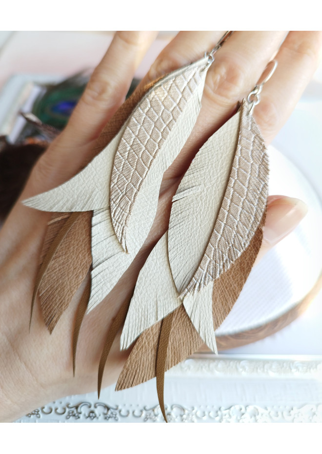 long leather feather earrings genuine leather jewelry metallic beige 