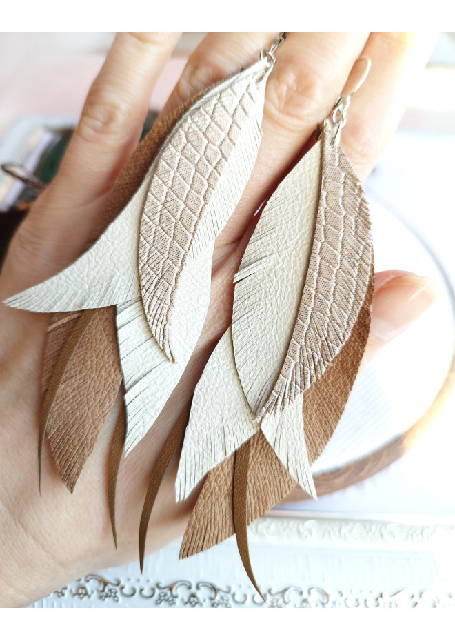 long leather feather earrings genuine leather jewelry metallic beige 