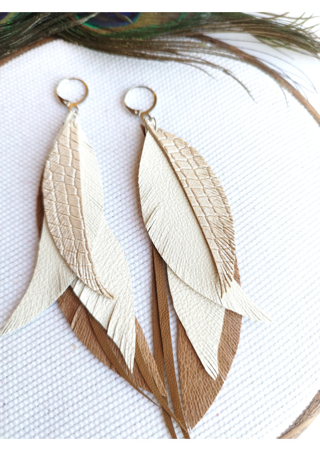 long leather feather earrings genuine leather jewelry metallic beige 