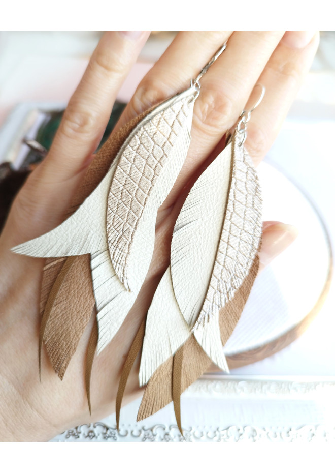 long leather feather earrings genuine leather jewelry metallic beige 
