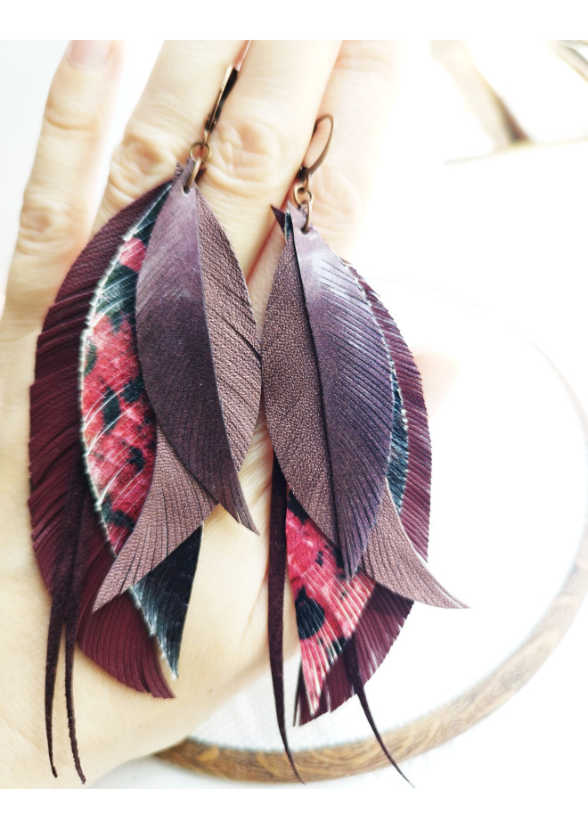 long leather feather burgundi  earrings genuine leather jewelry