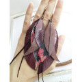 long leather feather burgundi  earrings genuine leather jewelry
