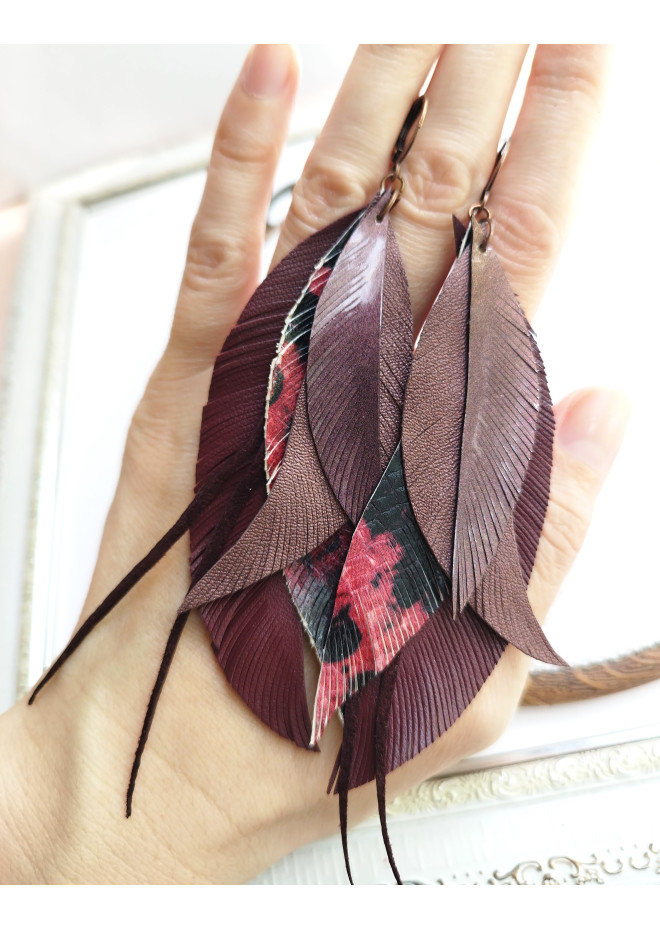 long leather feather burgundi  earrings genuine leather jewelry
